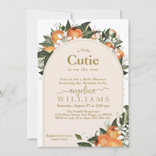 オレンジ柑橘系手榴弾リトルかわいこちゃんベビーシャワー 招待状 (正面)