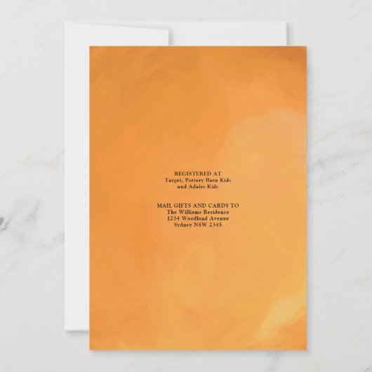 オレンジ柑橘系森林動物仮想ベビーシャワー 招待状 (裏面)