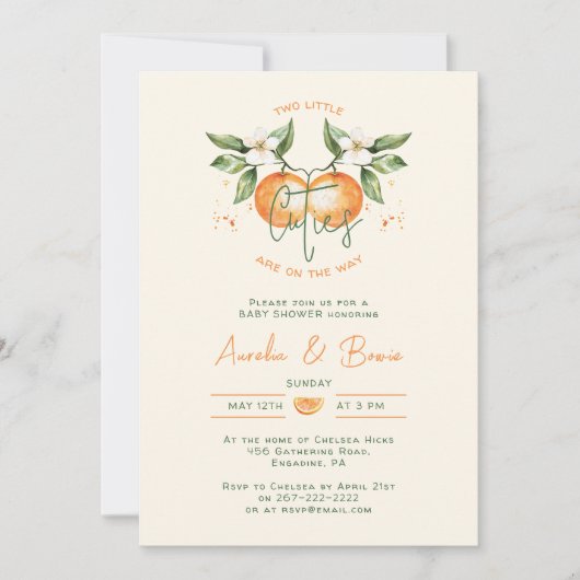 オレンジ柑橘系2つの小さなかわいこちゃんツインベビーシャワー 招待状 (正面)