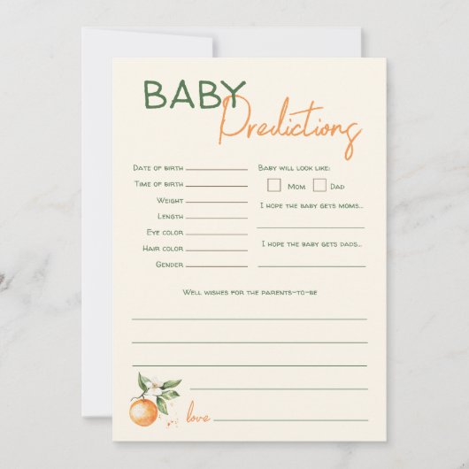 オレンジ柑橘類の小さな赤ちゃんシャワー予測カード 招待状 (正面)