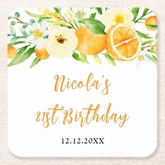 オレンジ柑橘類の誕生日 スクエアペーパーコースター (正面)