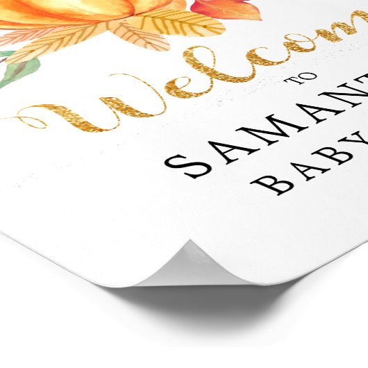 オレンジ水彩パンプキン ゴールド 秋のベイビーシャワー ポスター (角)