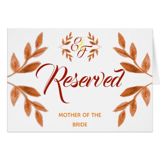 オレンジ水彩画の葉の予約座席結婚式の印 (正面横)
