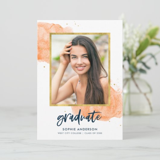 オレンジ水彩金ゴールド写真大学院卒業パーティー 招待状 (スタンド正面)