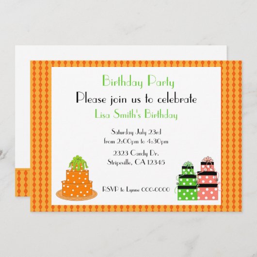 オレンジ水玉模様お誕生日ケーキパーティの招待状 招待状 (正面/裏面)