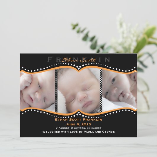 オレンジ水玉模様の写真の誕生の発表 案内状 (スタンド正面)