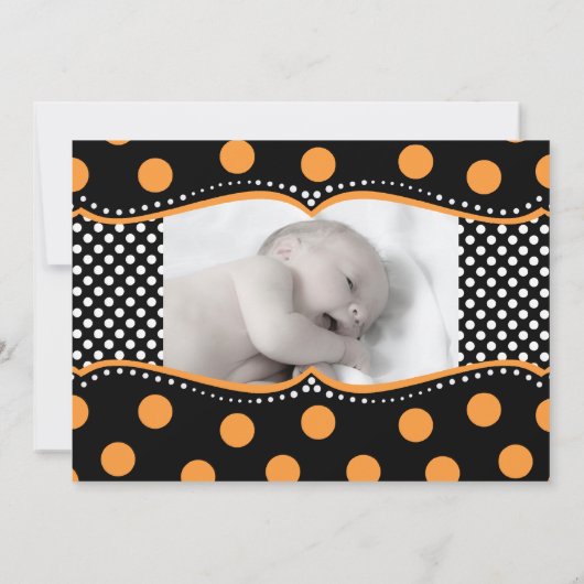 オレンジ水玉模様の写真の誕生の発表 案内状 (裏面)