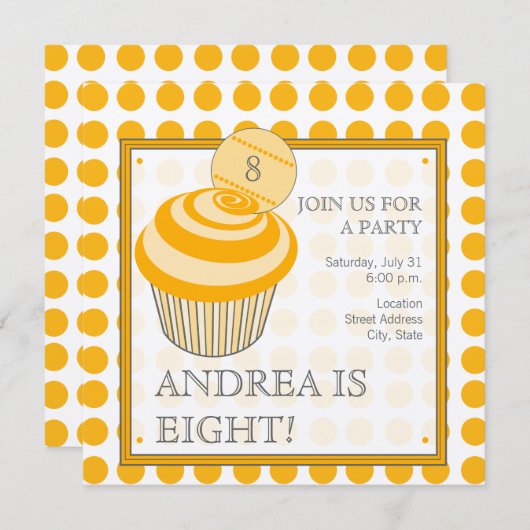 オレンジ水玉模様カップケーキ誕生パーティーの招待 招待状 (正面/裏面)