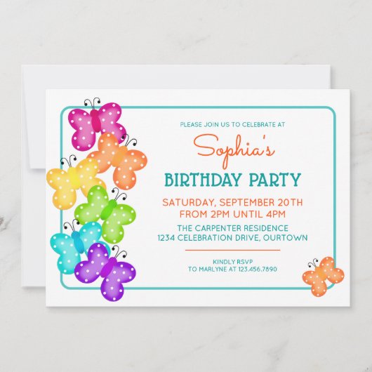 オレンジ水玉模様バタフライ誕生日招待状 招待状 (正面)