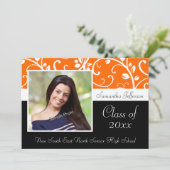 オレンジ渦巻形のつる植物写真の卒業発表 招待状 (スタンド正面)