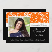 オレンジ渦巻形のつる植物写真の卒業発表 招待状 (正面/裏面)