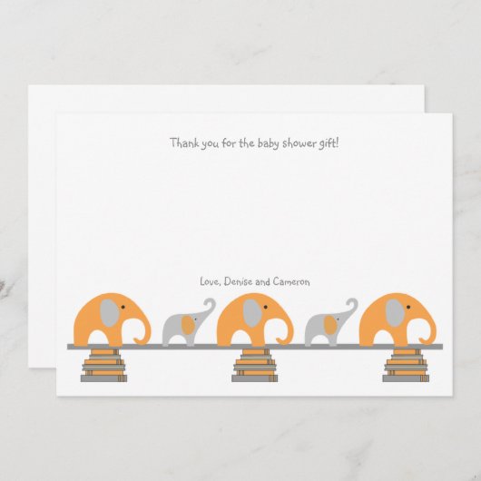オレンジ灰色象の本のベビーシャワーは感謝していしています サンキューカード (正面/裏面)