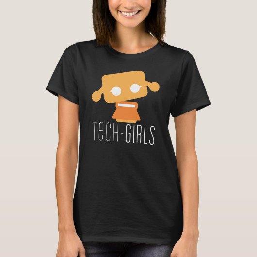 オレンジ点が付いている技術の女の子の黒いTシャツ Tシャツ (正面)