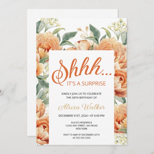 オレンジ牡丹フローラサプライズ誕生日 招待状 (正面/裏面)