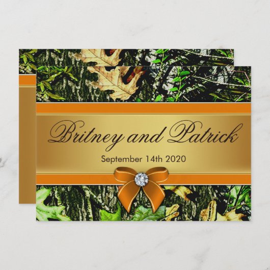 オレンジ狩りのテーマの迷彩柄の結婚式招待状 招待状 (正面/裏面)