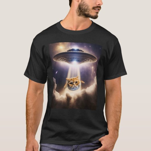 オレンジ猫UFO宇宙エイリアンかわいい子猫ビームアップ Tシャツ (正面)