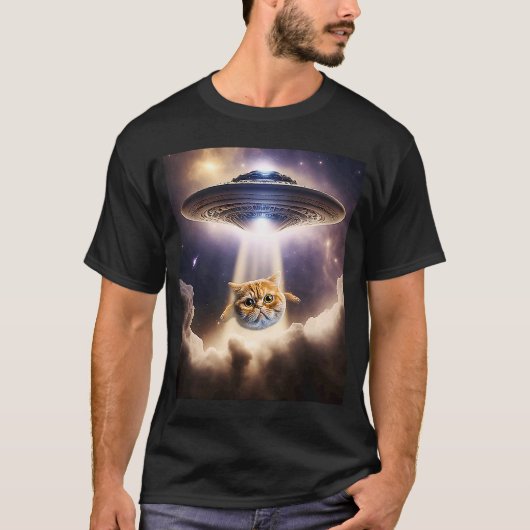 オレンジ猫UFO宇宙エイリアンかわいい子猫ビームアップ Tシャツ (正面)