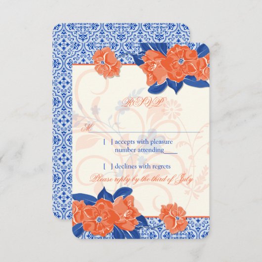 オレンジ王室の色のフローラ結婚式RSVP返信 出欠カード (正面/裏面)
