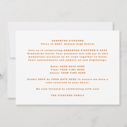 オレンジ白ファンキー写真大学の写真卒業 案内状 (裏面)