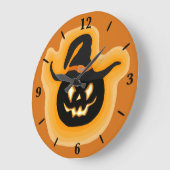 オレンジ白熱［赤熱］光を放つ色の丸い時計のカボチャの魔女 ラージ壁時計 (傾斜)