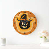 オレンジ白熱［赤熱］光を放つ色の丸い時計のカボチャの魔女 ラージ壁時計 (ホーム)