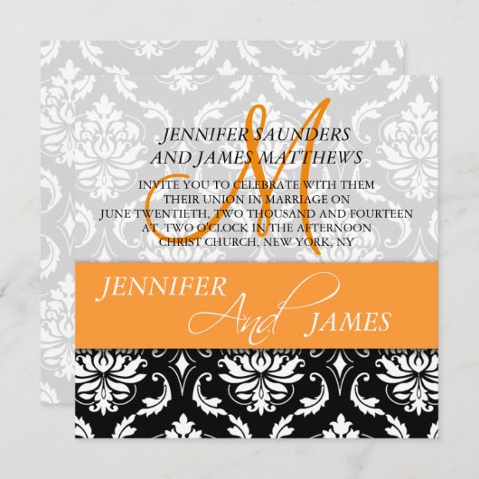 オレンジ白黒のダマスク織の結婚式招待状 招待状 (正面/裏面)