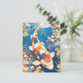 オレンジ白黒の鯉の滝の金魚と野花の池 ポストカード (スタンド正面)