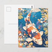 オレンジ白黒の鯉の滝の金魚と野花の池 ポストカード (正面/裏面)