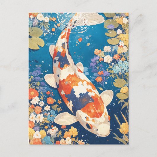オレンジ白黒の鯉の滝の金魚と野花の池 ポストカード (正面)