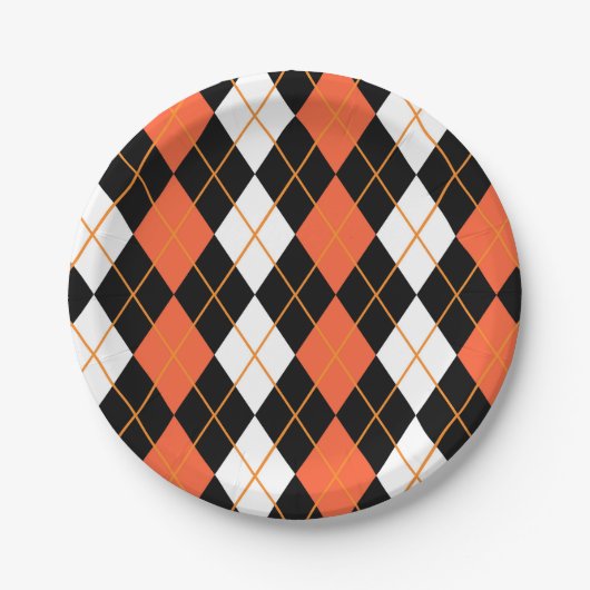 オレンジ白黒アーガイルダイヤモンドデザイン ペーパープレート (正面)
