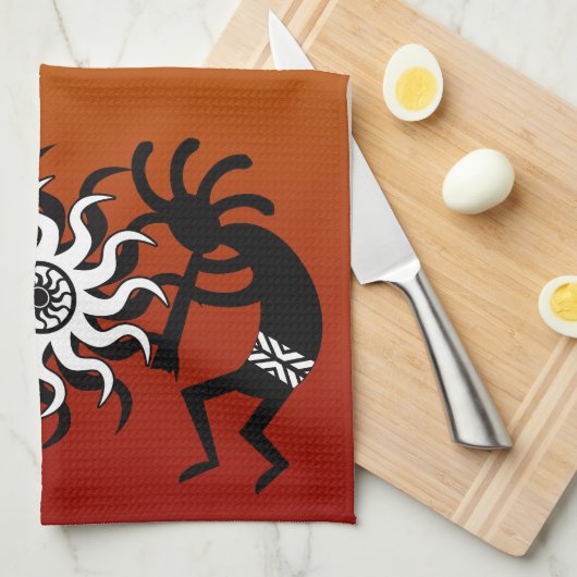 オレンジ白黒ココペリサウスウエストトライバルサン キッチンタオル (四つ折り)