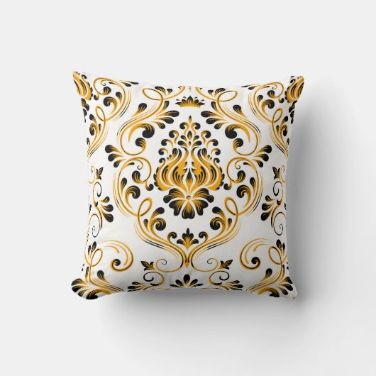 オレンジ白黒ダマスコフローラルパターエレガントン クッション (正面)