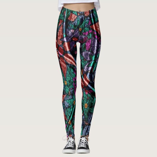 オレンジ真新しい紫色の花柄#2 レギンス (正面)