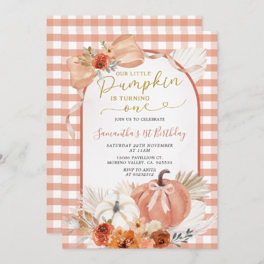 オレンジ私たちの小さなカボチャは1つの誕生日を回している 招待状 (正面/裏面)