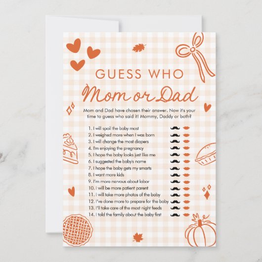 オレンジ秋かわいこちゃんパイ推測誰がママまたはパパゲーム 招待状 (正面)