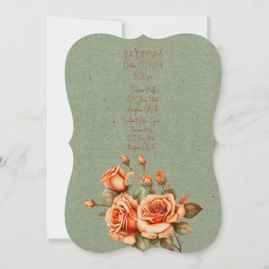 オレンジ素晴らしとグリーンのフローラの結婚ブーケ 招待状 (裏面)