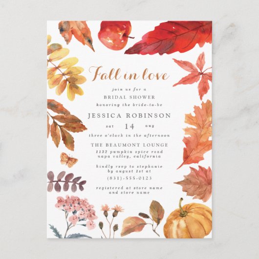 オレンジ素朴の葉|秋テーマのブライダルシャワー インビテーションポストカード (正面)
