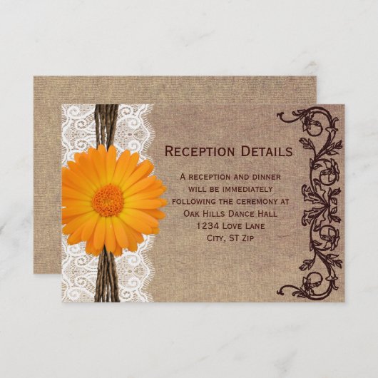 オレンジ素朴ガーベラデイジーウェディングレセプションカード エンクロージャーカード (正面/裏面)