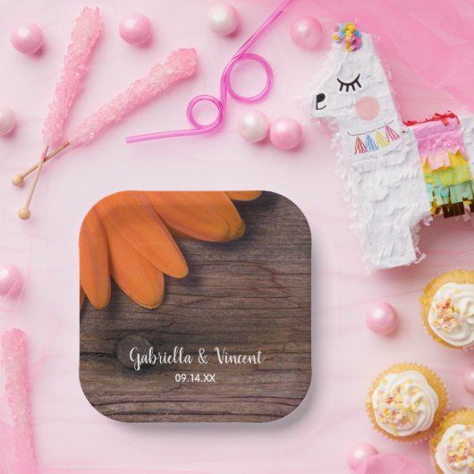 オレンジ素朴デイジーバーンウッドカントリーウェディング ペーパープレート (パーティー)