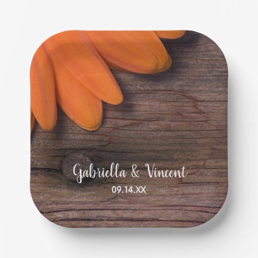 オレンジ素朴デイジーバーンウッドカントリーウェディング ペーパープレート (正面)