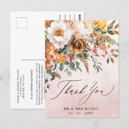 オレンジ素朴フローラ秋の結婚式ありがとう ポストカード