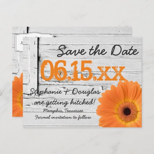 オレンジ素朴色のデイジーウッド日付はがきを保存 案内ポストカード (正面/裏面)