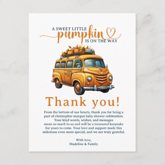 オレンジ素朴色のトラック小さなかぼちゃの赤ちゃんシャワー エンクロージャーカード (正面)