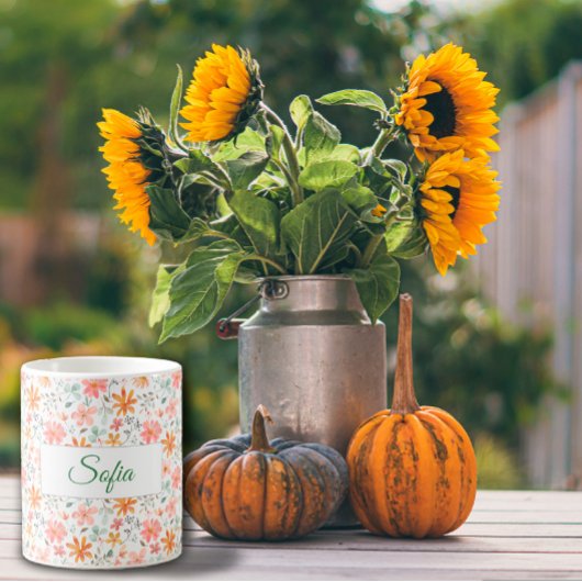 オレンジ素朴色のピンク色の花水彩模様 コーヒーマグカップ