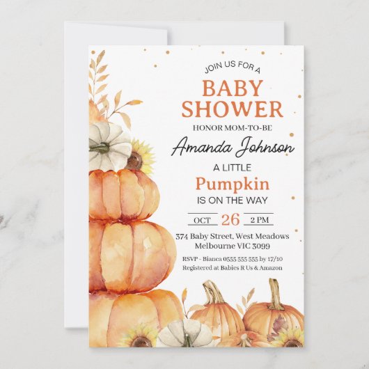 オレンジ素朴色の小さなかぼちゃスタック赤ちゃんシャワー 招待状 (正面)