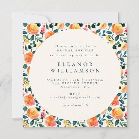 オレンジ素朴色の水色フローラシャワー正方形 招待状 (正面)