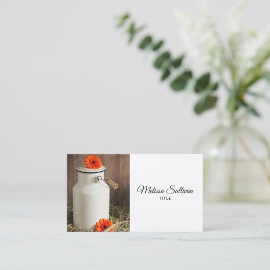 オレンジ素朴色の花付き白ミルクジュグ写真 名刺 (スタンド正面)