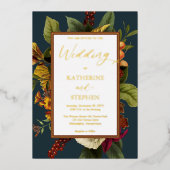 オレンジ素朴色 |赤フローラブーケ結婚ティール(緑がかった色)イン 箔招待状 (正面)