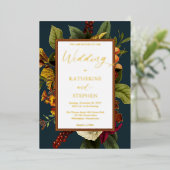 オレンジ素朴色 |赤フローラブーケ結婚ティール(緑がかった色)イン 箔招待状 (立ち正面)