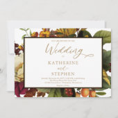 オレンジ素朴色 |赤フローラ結婚ブーケ 招待状 (正面)